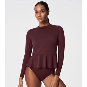 Spanx Swim Pique Long Sleeve Swim Shirt SPF 50 in Mulberry Peplum Sz Small EUC